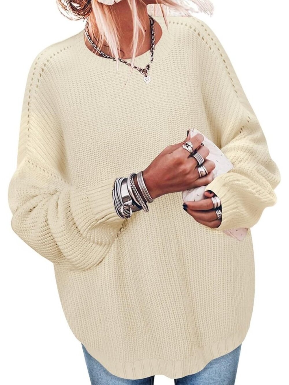 Women's Beige Fashion Oversized Casual Knit Ribbed Pullover Tunic Sweater Tops